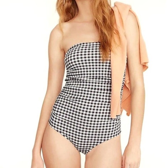 J.Crew Ruched‎ Bandeau One Piece Swimsuit 8 Navy Blue White Gingham - Picture 1 of 14